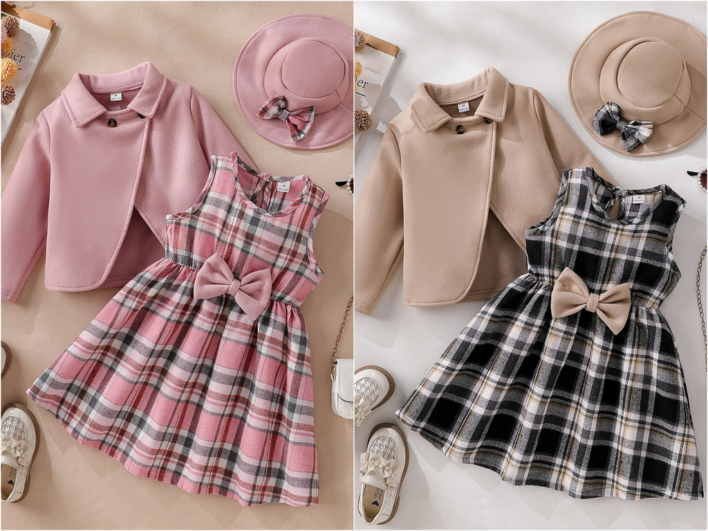 Ensemble trois pièces pour filles : Veste en cachemire + Jupe évasée à carreaux + Chapeau à nœud