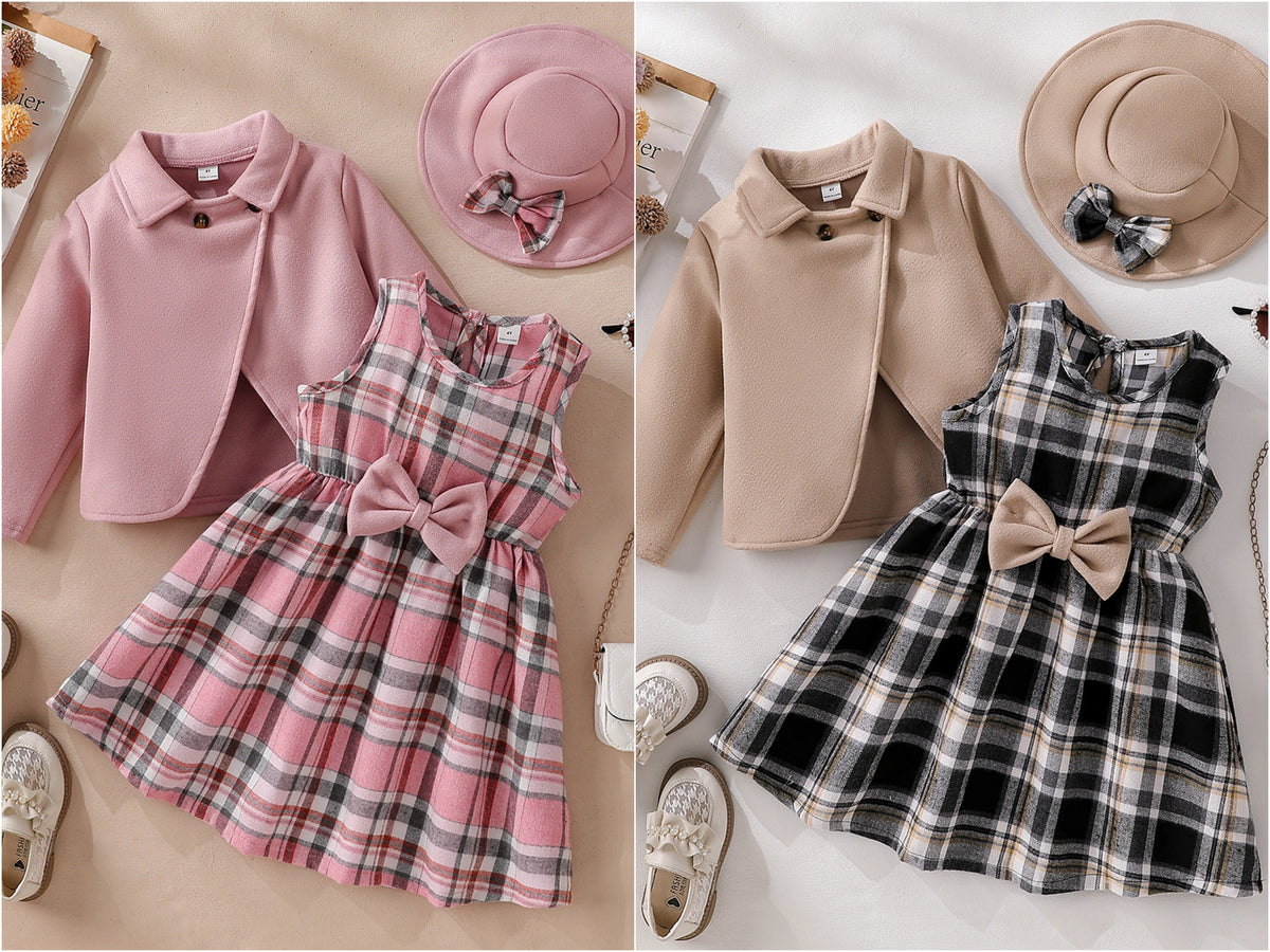 Ensemble trois pièces pour filles : Veste en cachemire + Jupe évasée à carreaux + Chapeau à nœud