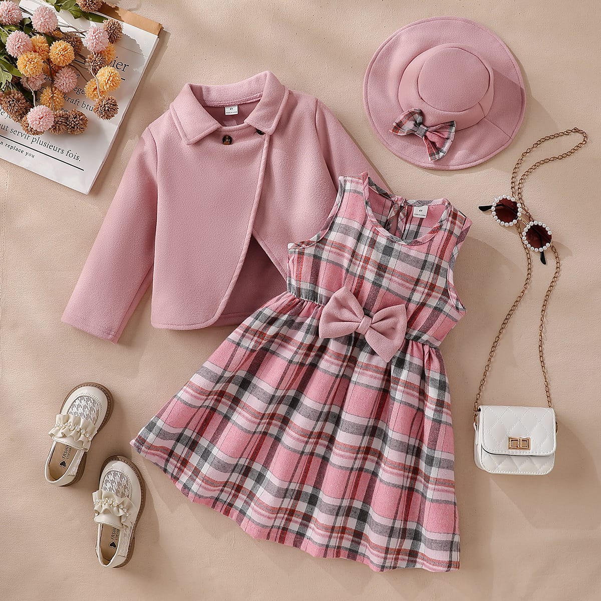 Ensemble trois pièces pour filles : Veste en cachemire + Jupe évasée à carreaux + Chapeau à nœud