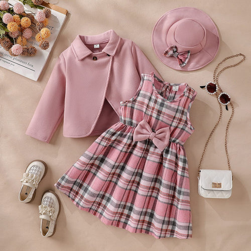 Ensemble trois pièces pour filles : Veste en cachemire + Jupe évasée à carreaux + Chapeau à nœud