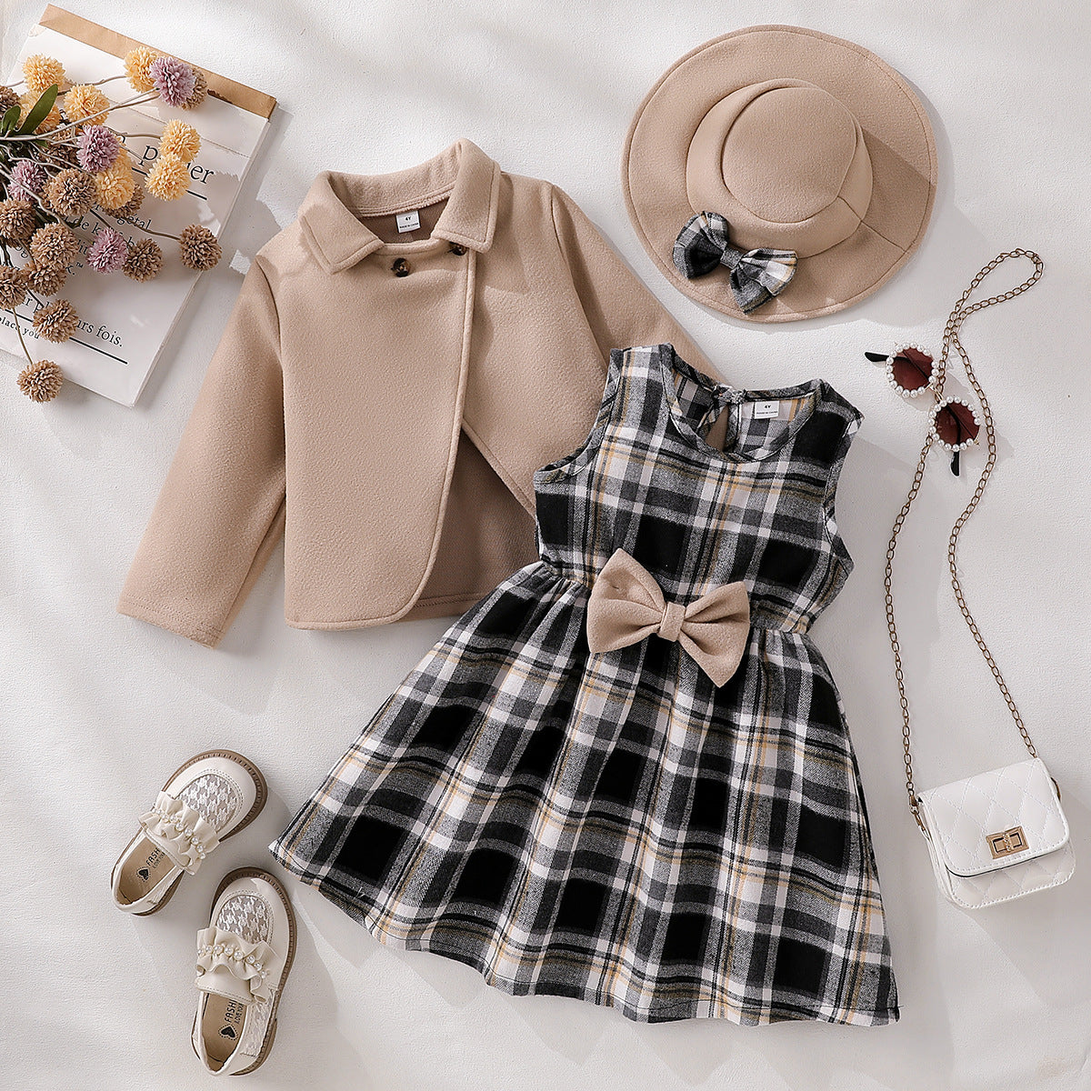 Ensemble trois pièces pour filles : Veste en cachemire + Jupe évasée à carreaux + Chapeau à nœud